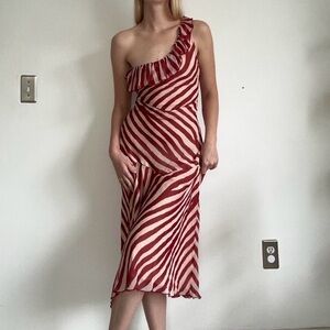 Realisation Par Red and White One-Shoulder Midi Dress